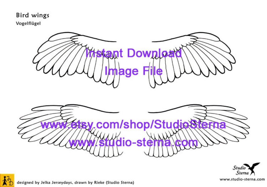 Wings Bird Angel Design Drawing Printable Instant Download Image File ...