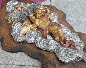 Antique Italian Holy Water Font / 19th century painted stucco Catholic benitier / winged cherub angel putti / religious gift home decor