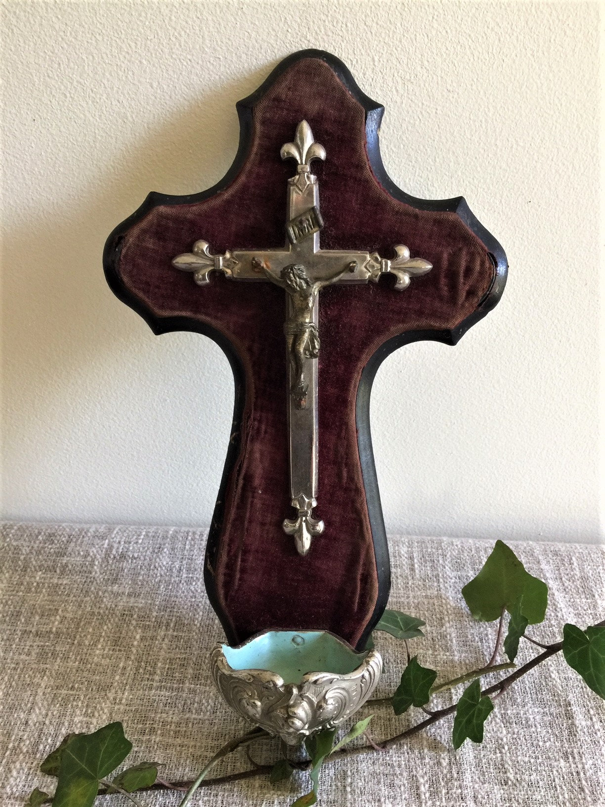 Antique Français Holy Water Font/Crucifix Vintage Catholique Benitier Décoration Religieuse Christ s