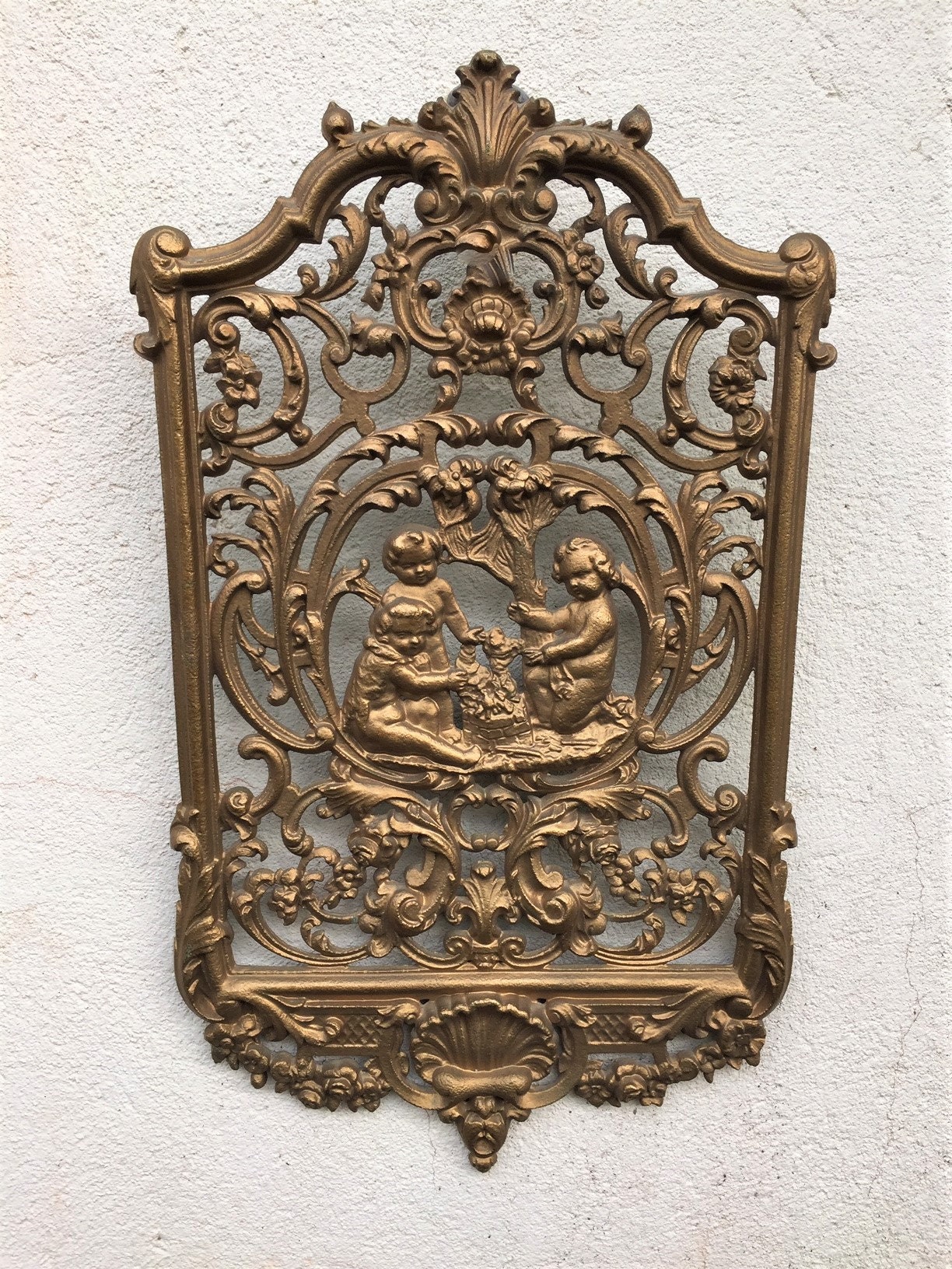 Plaque Murale en Bronze/Grand Mur Décoratif Arat Chérubins Putti Décoration de Jardin Récupération A