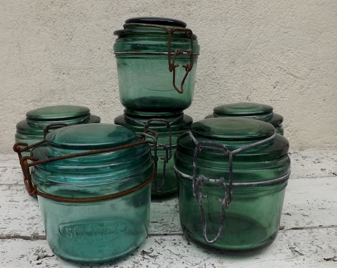 6 French Vintage Green Glass Canning Jars Conserving Jars Etsy