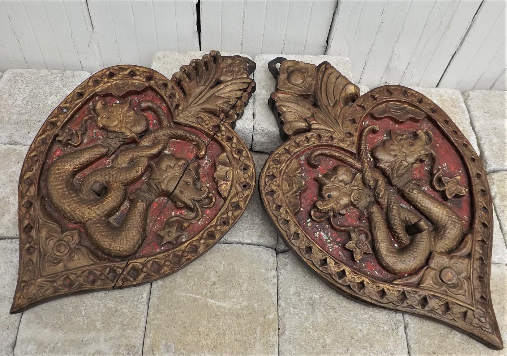Paire de Panneaux Bois Sculpté/Peints à La Main Serpents Dragons Décor Maison Exotique Mur Primitif 