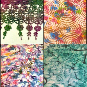 Puede incluir: Un collage de cuatro muestras de tela. La parte superior izquierda muestra un ribete de encaje verde y morado con detalles florales y de hojas. La parte superior derecha presenta un patrón circular marrón, rosa y azul. La parte inferior izquierda tiene un diseño veteado colorido. La parte inferior derecha es un batik turquesa.
