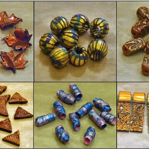 May include: Assortment of handmade ceramic beads in various shapes and colors, including leaf, triangle, and cylinder shapes. The beads are decorated with intricate patterns and designs.