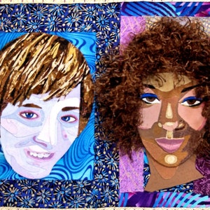 May include: A quilted artwork featuring two portraits. The portrait on the left is of a person with short brown hair and blue eyes. The portrait on the right is of a person with long brown curly hair and blue eyes. Both portraits are framed with a blue and gold patterned border.