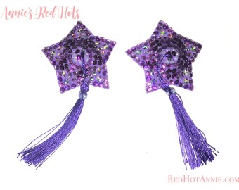 2.25" Purple Star Rhinestone Burlesque Pasties w/Purple Tassels - RTS Ready to Ship