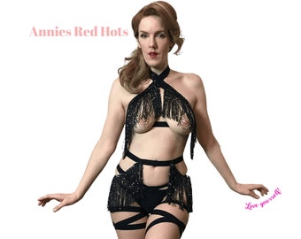 Ourania / Custom 6-Piece Lingerie - Teaser Harness Strappy Shimmy Burlesque Costume - Bra & Panties - Any Size, Pick Colors and Style