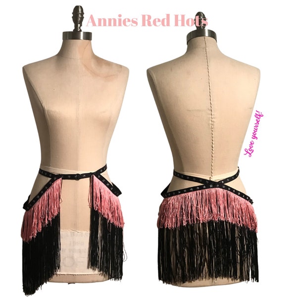 RTS 12" Double-Layer Fringe Shimmy Belt Burlesque Costume - Large 32" Black Pink - Ready to Ship