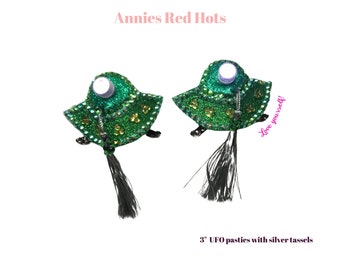 Custom Spaceship UFO Alien - Rhinestone Nippies, Pasties & Tassels - For Burlesque, Showgirls, and Drag Queens!