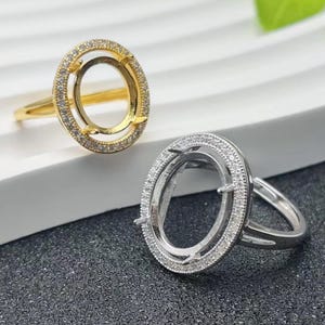 Anillo en blanco para cabujones ovalados de 6 x 8 mm/7 x 9 mm/8 x 10 mm/10 x 12 mm/12 x 16 mm/15 x 20 mm, engaste de anillo ajustable de circonita en plata 925 bañada en oro SR0082