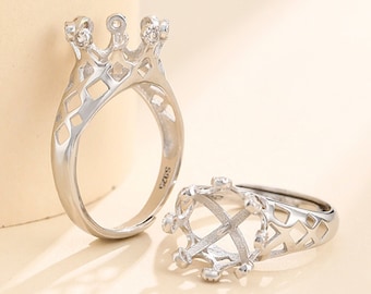 Ring leeg voor 10 mm ronde kralen of parels, witgoud vergulde 925 zilveren ringinstelling, verstelbare ringbasis SR0282