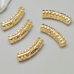 5 pcs Gold Plated Brass Curved Tube Beads Openwork Tube Shape Spacer Beads 6x18mm TB006