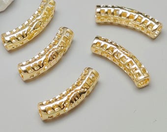 5 pcs Gold Plated Brass Curved Tube Beads Openwork Tube Shape Spacer Beads 6x18mm TB006