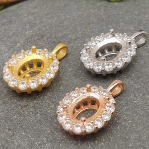 925 Silver Pendant Blank for 6x8mm Oval Cabochons Pendant Oval Shape Solid Sterling Silver Zircon Pendant Base SP0050