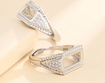 Ring Setting for 6x14mm Rectangle Cabochons Ring Blank White Gold Plated 925 Silver Zircon Adjustable Ring Base SR0070