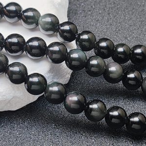 Grade AA Natural Double Rainbow Black Obsidian Beads NOT Dyed 6mm-14mm Smooth Polished Round 15.4 Inch Strand OB07