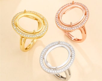 Ring Blank for 6x8mm/7x9mm/8x10mm/10x12mm/12x16mm/15x20mm Oval Cabochons Ring Setting Gold Plated 925 Silver Zircon Adjustable Ring SR0082