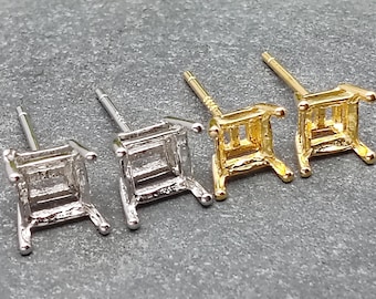 2 pairs Earring Settings for 4x4mm/5x5mm/6x6mm/7x7mm Square Gemstones Gold Plated 925 Silver Earring Blank Blank Earring Studs SE0002