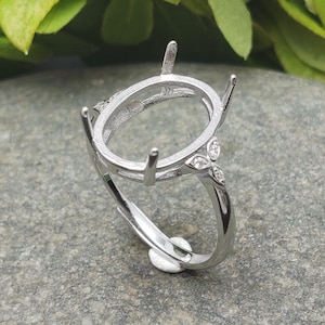 Ring Setting for 12x16mm Oval Cabochons Ring Base White Gold Plated 925 Silver Zircon Adjustable Ring Blank SR0621