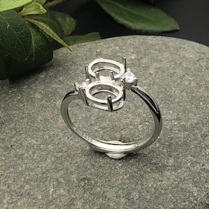 Ring Setting for 6x8mm Oval Cabochons or Faceted Gemstones White Gold Plated 925 Silver Zircon Adjustable Band Ring Base with 2 Blanks JZ206