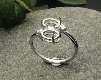 Ring Setting for 6x8mm Oval Cabochons or Faceted Gemstones White Gold Plated 925 Silver Zircon Adjustable Band Ring Base with 2 Blanks JZ206