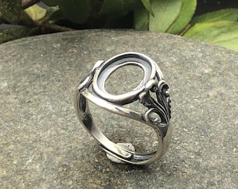 Ring Blank for 8x12mm Oval Cabochons Antique Style Ring Setting Solid Sterling Silver Adjustable Ring Base SR0662