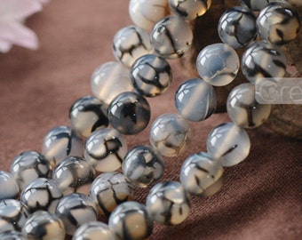 Natural White Agate Beads with Black Pattern 6mm-12mm Smooth Polished Round 15 Inch Strand AG29 Wholesale Beads