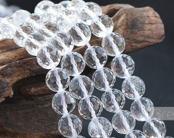 Faceted Grade AA Natural Clear Quartz Beads Round with 128 Facets 6mm-16mm 15 Inch Strand CQ28