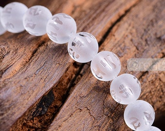 Grade AA Natural Clear Quartz Beads Prayer Mantra Carved 8mm-14mm Frosted Round 15 Inch Strand CQ11