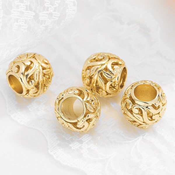 10 pcs Gold Plated Brass Beads Big Hole Openwork Spacer Beads Filigree Beads 10x12mm BS092