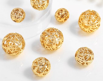 10 pcs Gold Plated Brass Beads Openwork Round Spacer Beads 8mm 10mm 12mm BS034