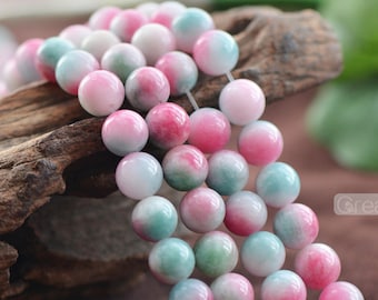 Grade A Natural Multi-tones Pink Cyan White Jade Beads 6mm 8mm 10mm 12mm Smooth Polished Round 15 Inch Strand JA69 Wholesale Gemstone Beads
