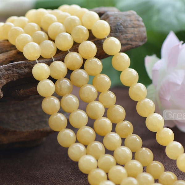 Grade A Natural Light Yellow Jade Beads NOT Dyed 6mm 8mm 10mm 12mm Smooth Polished Round 15 Inch Strand JA15
