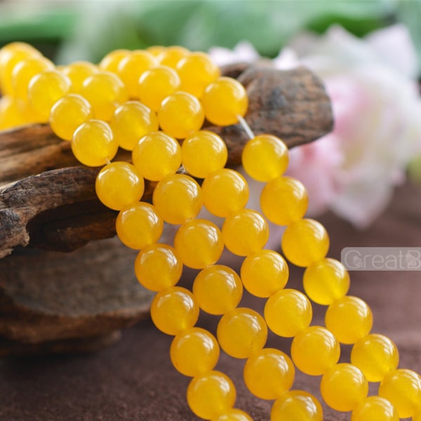 Grade A Natural Yellow Jade Beads 4mm 6mm 8mm 10mm 12mm 14mm Smooth Polished Round 15 Inch Strand JA04 Wholesale Beads