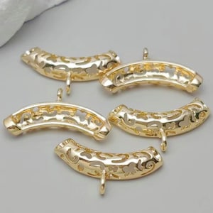 5 pcs Gold Plated Brass Curved Tube Beads Openwork Tube Shape Spacer Beads with a Loop Tube Hangers 21.5x11mm TB007