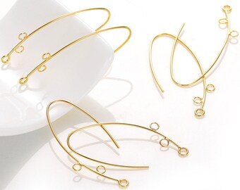 5 pairs Earring Hooks Gold Plated Brass Earring Findings Ear Wires with 3 Loops 15x33mm EC010