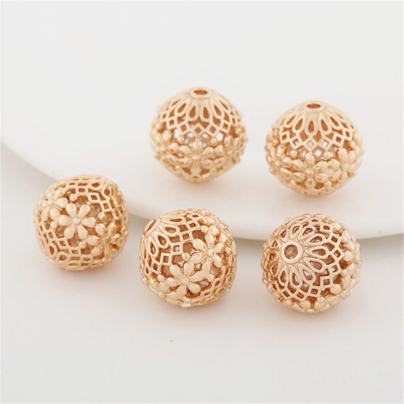 10 pcs Gold Plated Brass Beads Openwork Round Spacer Beads Carved Flower Beads 14mm BS020