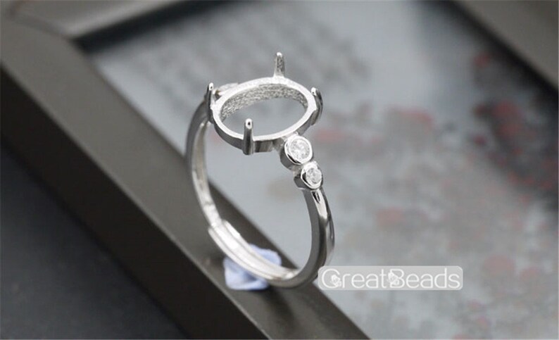 Ring Setting for 8x10mm Oval Cabochons White Gold Plated 925 Silver Zircon Adjustable Band Ring Blank JZ340