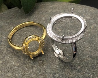 Anillo en blanco para cabujones ovalados de 6 x 8 mm/7 x 9 mm/8 x 10 mm/10 x 12 mm/12 x 16 mm/15 x 20 mm. Anillo ajustable de circonita en plata 925 bañada en oro. SR0114