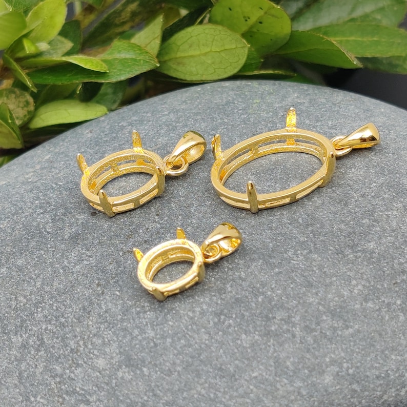 Pendant Blank for 5x7mm/6x8mm/7x9mm/8x10mm/9x11mm/10x14mm Oval Cabochons Pendant Setting Yellow Gold Plated 925 Silver Pendant Base SP0022 image 2