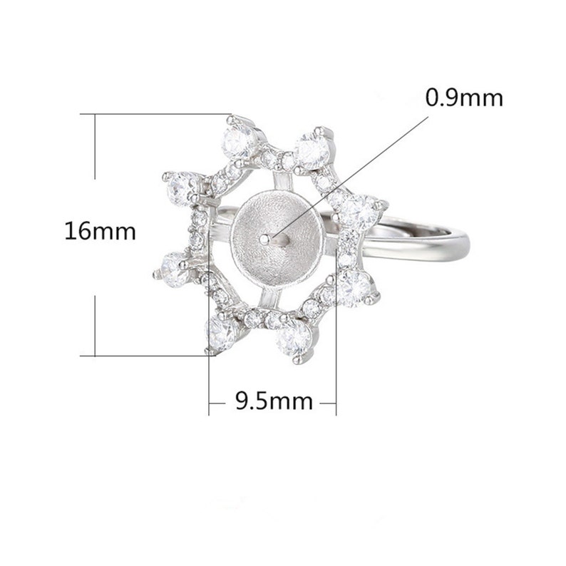 Ring Blank for 8mm-9mm Round Beads or Pearls White Gold Plated 925 Silver Zircon Ring Setting Adjustable Ring Base SR0096
