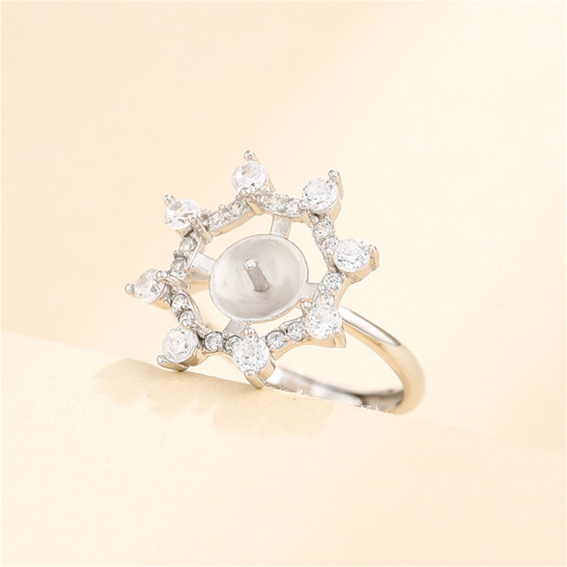 Ring Blank for 8mm-9mm Round Beads or Pearls White Gold Plated 925 Silver Zircon Ring Setting Adjustable Ring Base SR0096