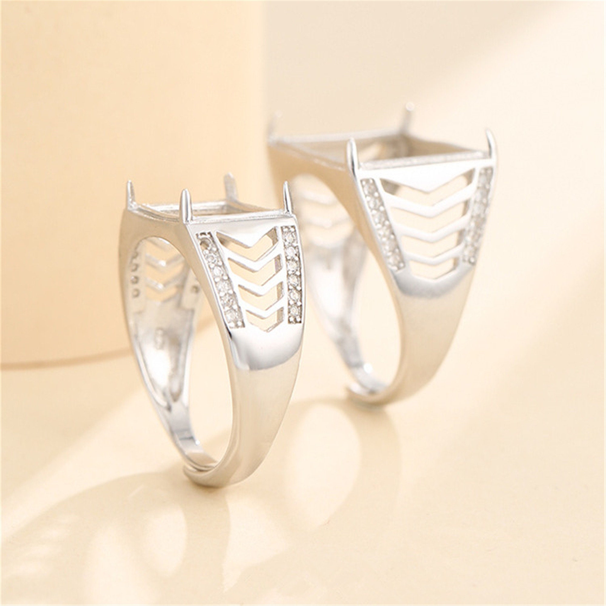 Ring Setting for 9x11mm12x17mm Rectangle Cabochons Ring Blank White Gold Plated 925 Silver Zircon Adjustable Ring Base SR0176 Ring Setting for 9x11mm12x17mm Rectangle Cabochons Ring Blank White Gold Plated 925 Silver Zircon Adjustable Ring Base SR0176