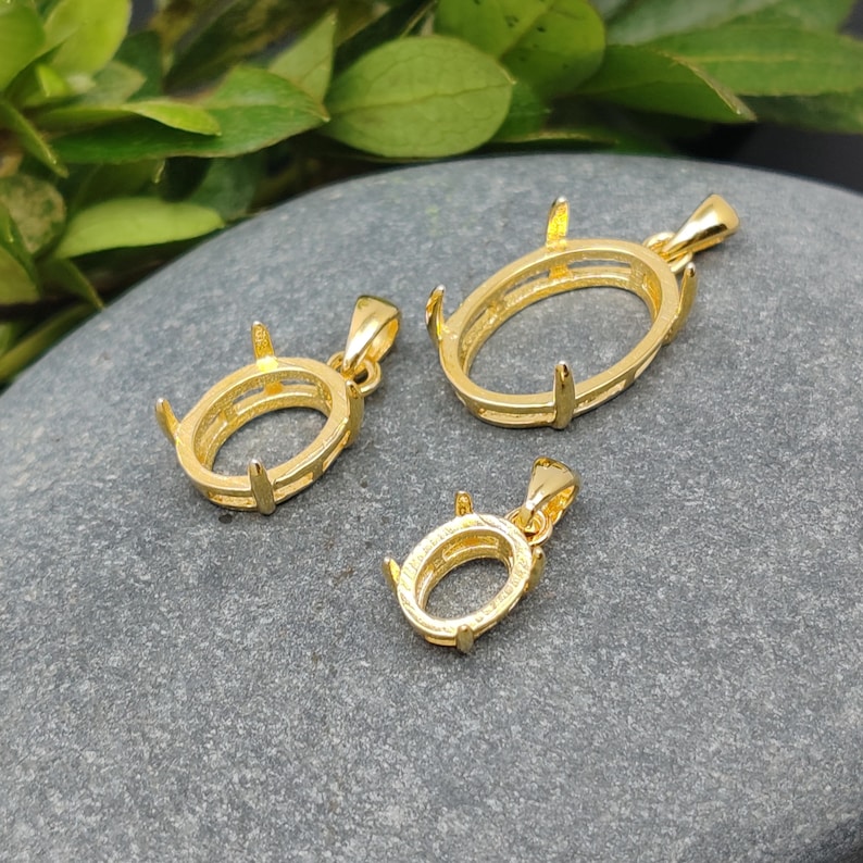 Pendant Blank for 5x7mm/6x8mm/7x9mm/8x10mm/9x11mm/10x14mm Oval Cabochons Pendant Setting Yellow Gold Plated 925 Silver Pendant Base SP0022 image 3