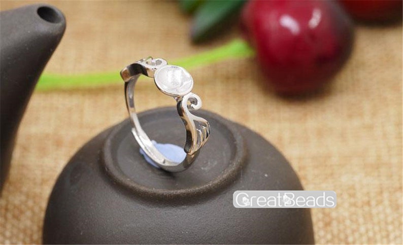 Ring Blank for 7mm-12mm Round Beads or Pearls Adjustable Band White Gold Plated 925 Silver Ring Base JZ052