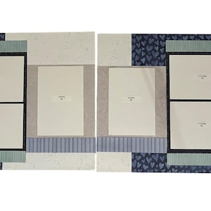 May include: Two-page scrapbook layout with a light speckled background and decorative borders. The borders feature blue heart patterns, vertical stripes, and solid teal and black accents. Each page has spaces for photos, labeled "4x6 Photo" and "5x7 Photo".
