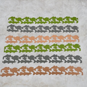 May include: Six horizontal strips featuring a repeating tessellated pattern of fish silhouettes. The strips are arranged in alternating rows of olive green, dark gray, and copper-toned metal, each showcasing a continuous interlocking design.