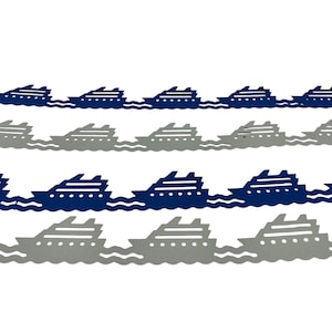 May include: Rows of navy blue and gray cruise ship cutouts on a white background. The ships are depicted sailing on wavy lines, with details like windows and smokestacks. The design is repeated horizontally.