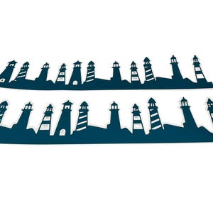 May include: Two rows of dark teal lighthouse silhouettes against a white background. The lighthouses vary in design, with some featuring stripes and others solid structures. The image is a decorative element, possibly for coastal-themed crafts or decor.