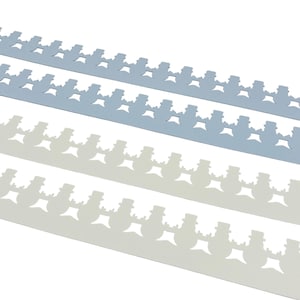 May include: Close-up of decorative paper strips featuring a repeating snowman design. The strips are in light blue and off-white colors. The snowmen have top hats and are connected in a row, creating a festive border.